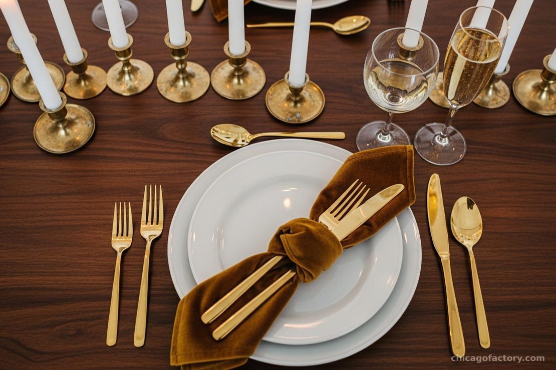 Close-up of a sweetheart table surface showing a silk runner, gold candlesticks, and crystal stemware.