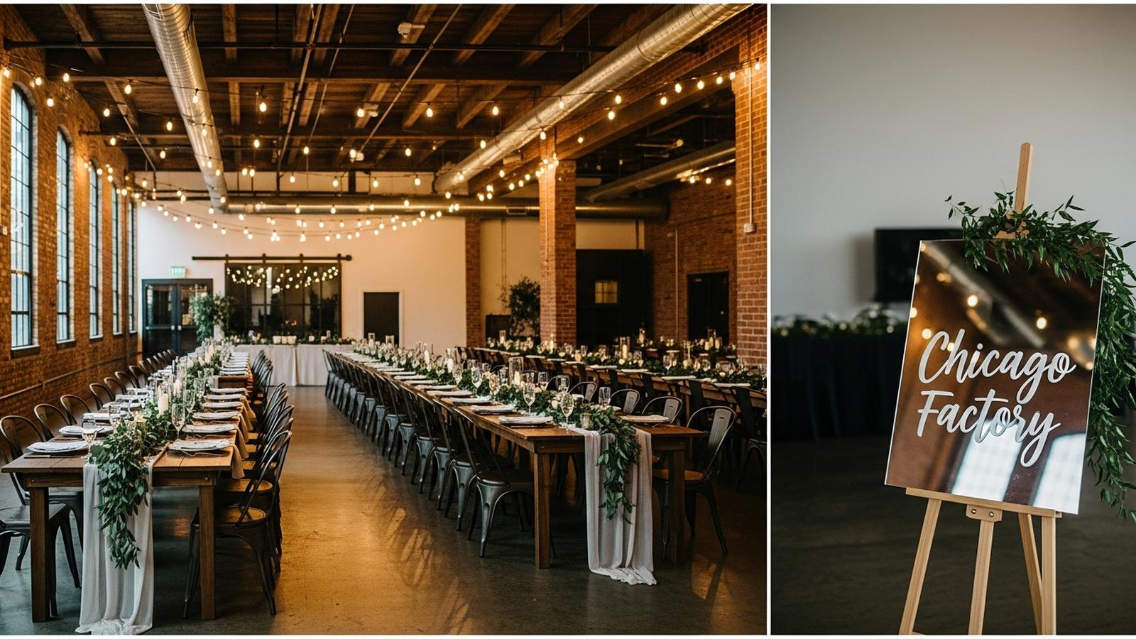 Cinematic wide shot of a stunning industrial wedding reception in a converted factory loft