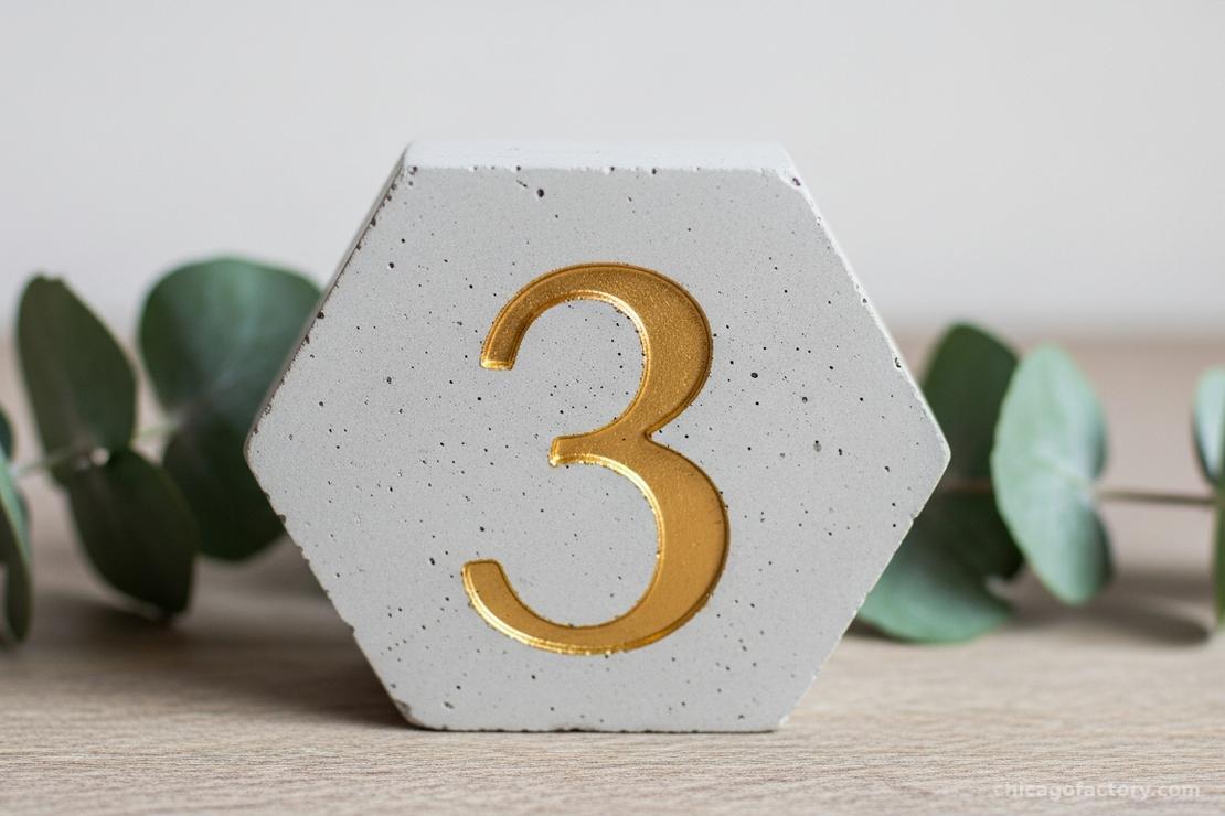 A small, geometric concrete block with a gold number '5' painted on it, sitting on a grey napkin.