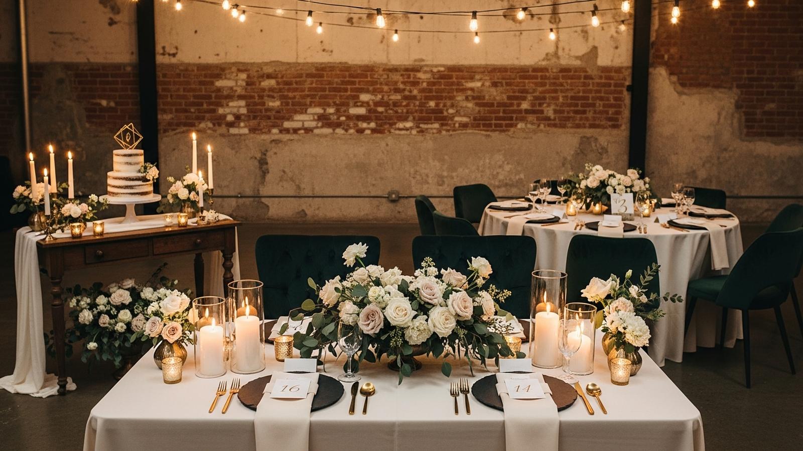 Elegant wedding reception details featuring a modern cake with gold topper