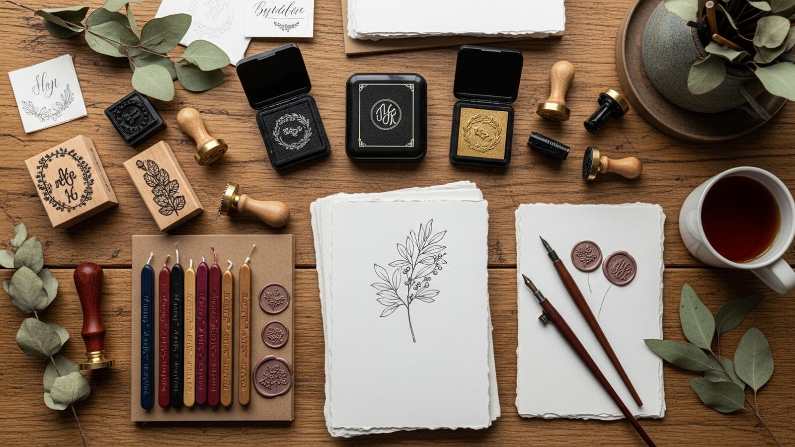 Inspiring flat lay of DIY wedding stationery supplies including stamps, wax seals, and calligraphy pens.