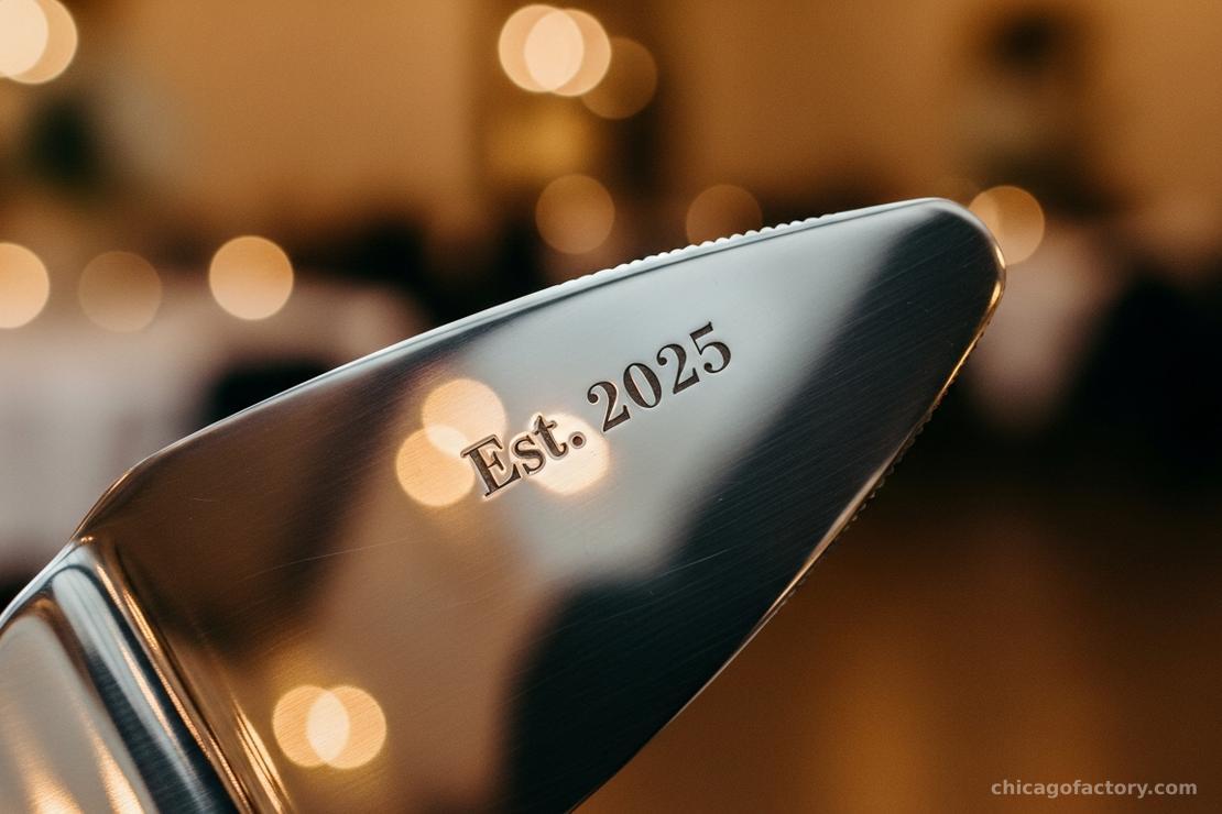 Close-up of a cake server blade with 'Est. 2025' engraved in a clean serif font.