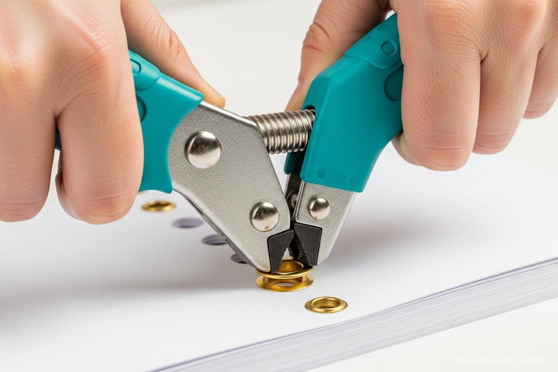 Close-up of hands using a crafting tool to set a brass eyelet into paper.