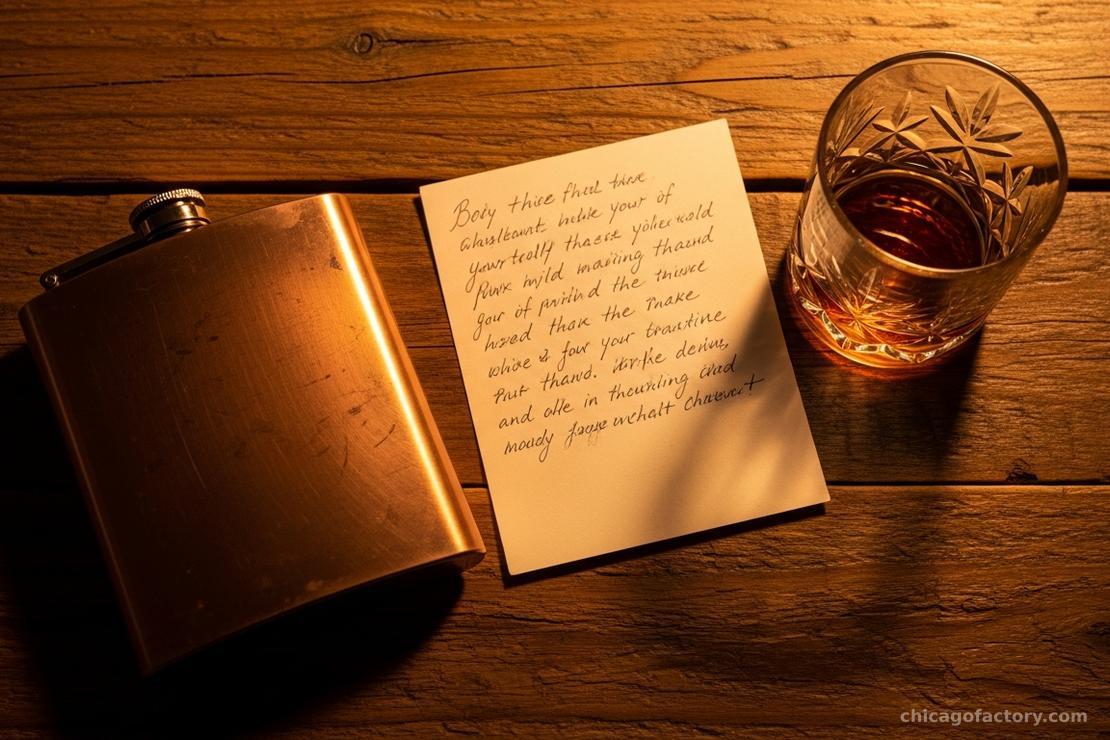 Editorial flat lay on a wooden table featuring a flask, a tie, cufflinks, and a watch.