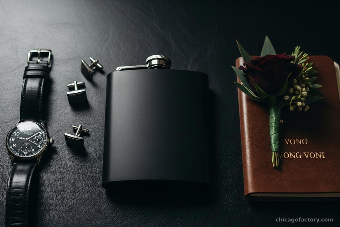 Moody flat lay of groomsmen gifts including matte black flask