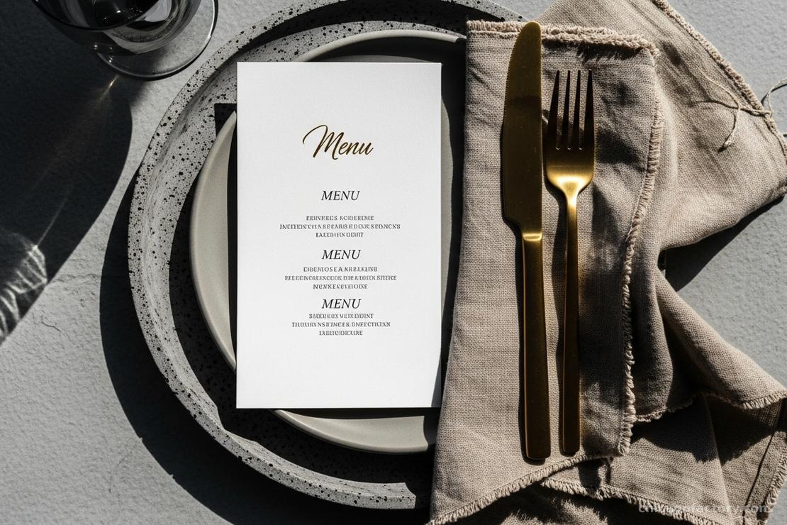 Brushed gold flatware placed on a grey concrete dinner plate with a linen napkin.