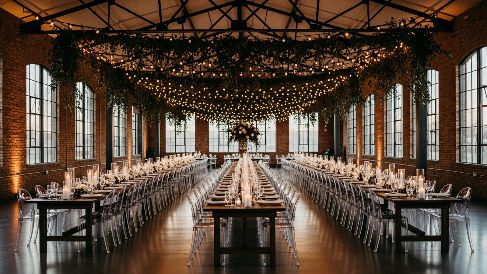 Stunning warehouse wedding reception with exposed brick walls, steel trusses draped in greenery, and bistro lighting.