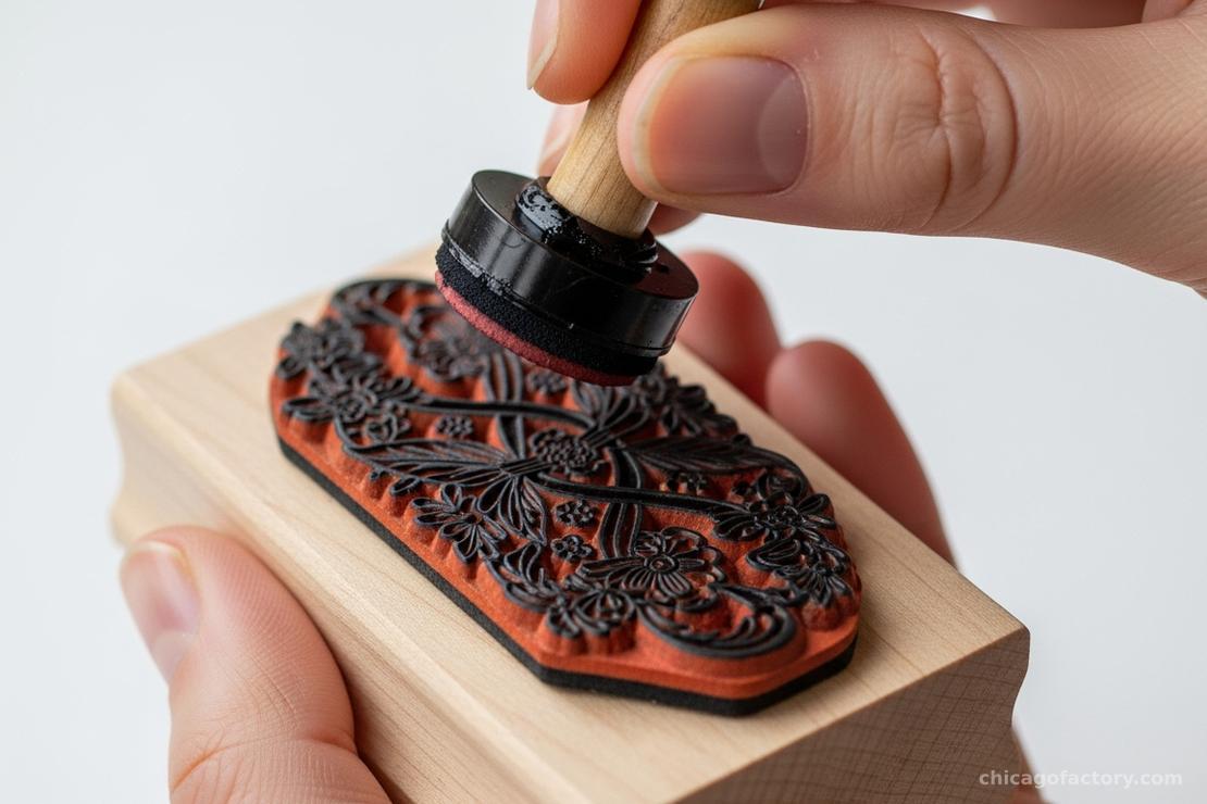 Close-up of hands holding a rubber stamp upside down and gently tapping an ink pad onto the surface.
