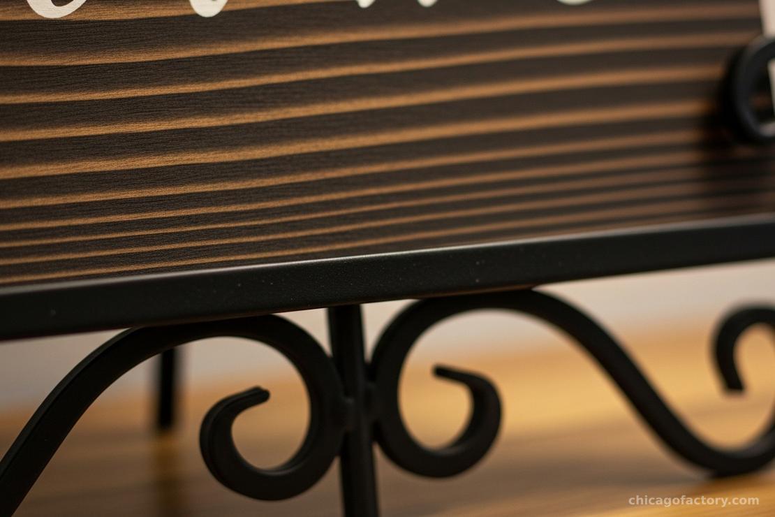 Close-up of a heavy-duty black iron easel holding a large wood sign, showing the scrollwork detail.