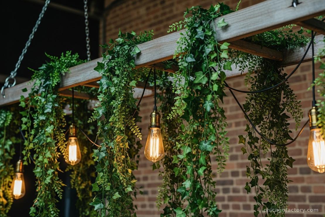 A suspended wooden ladder covered in cascading ivy and Edison bulbs hanging over a long wooden table.
