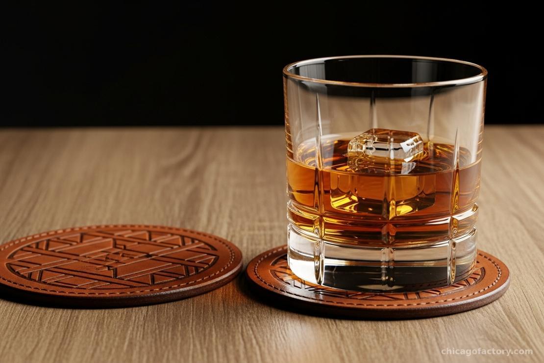 A stack of round leather coasters tied with twine, sitting next to a whiskey glass.