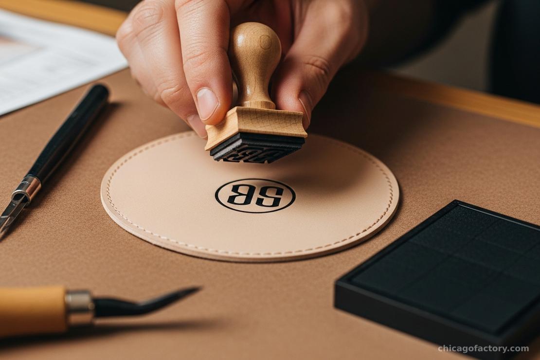 Hands stamping a round leather coaster with black solvent ink.