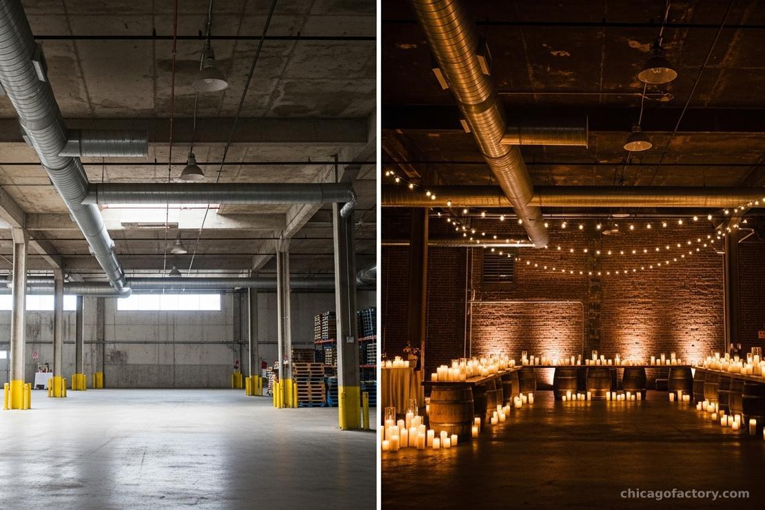 Comparison showing warehouse space transformed with bistro lighting