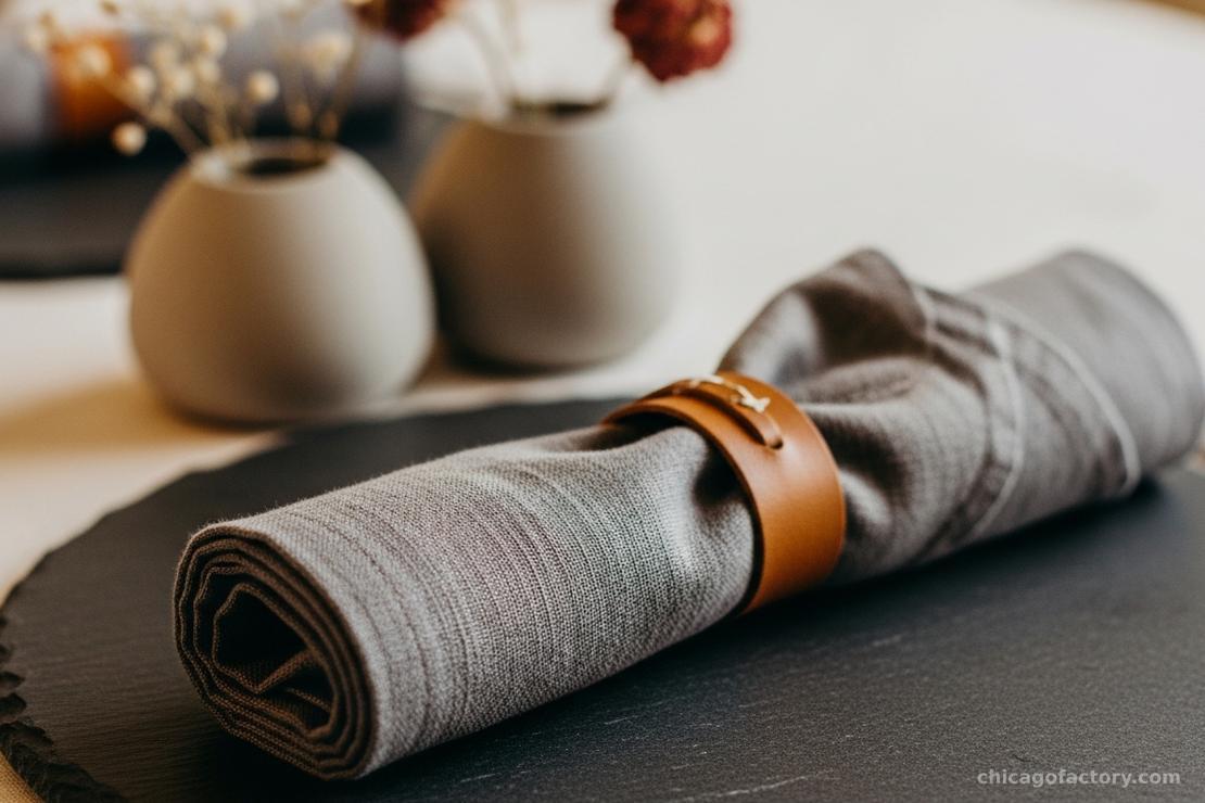 A rolled grey linen napkin secured with a leather band, placed on a slate charger next to concrete bud vases.