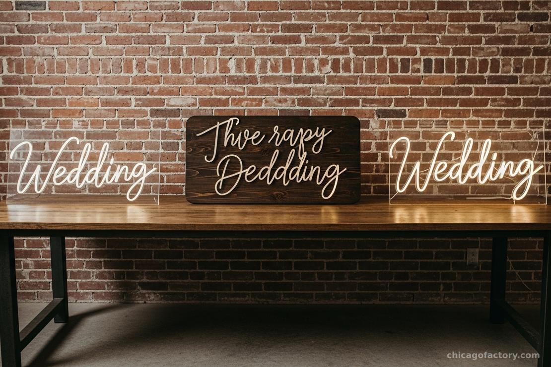 Three wedding signs side by side showing acrylic, wood, and neon materials
