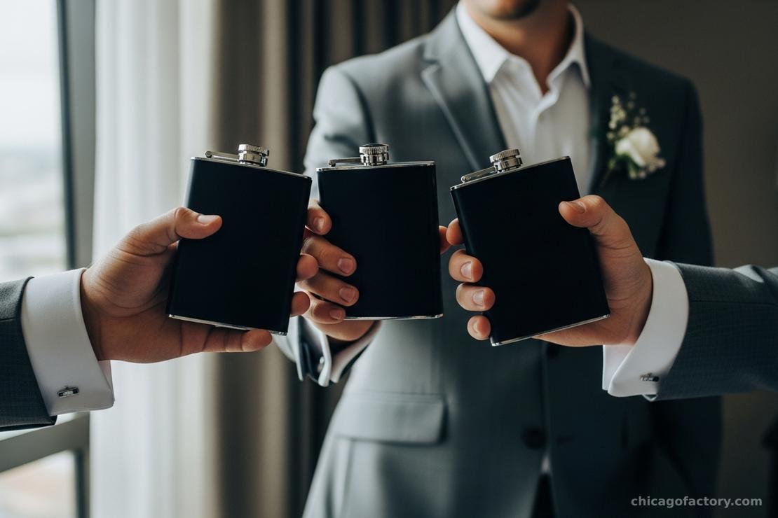 Detailed shot of three groomsmen holding matching matte black flasks, about to toast.