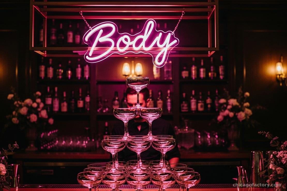 A modern neon sign hanging above a wedding bar with crystal glassware in the foreground.