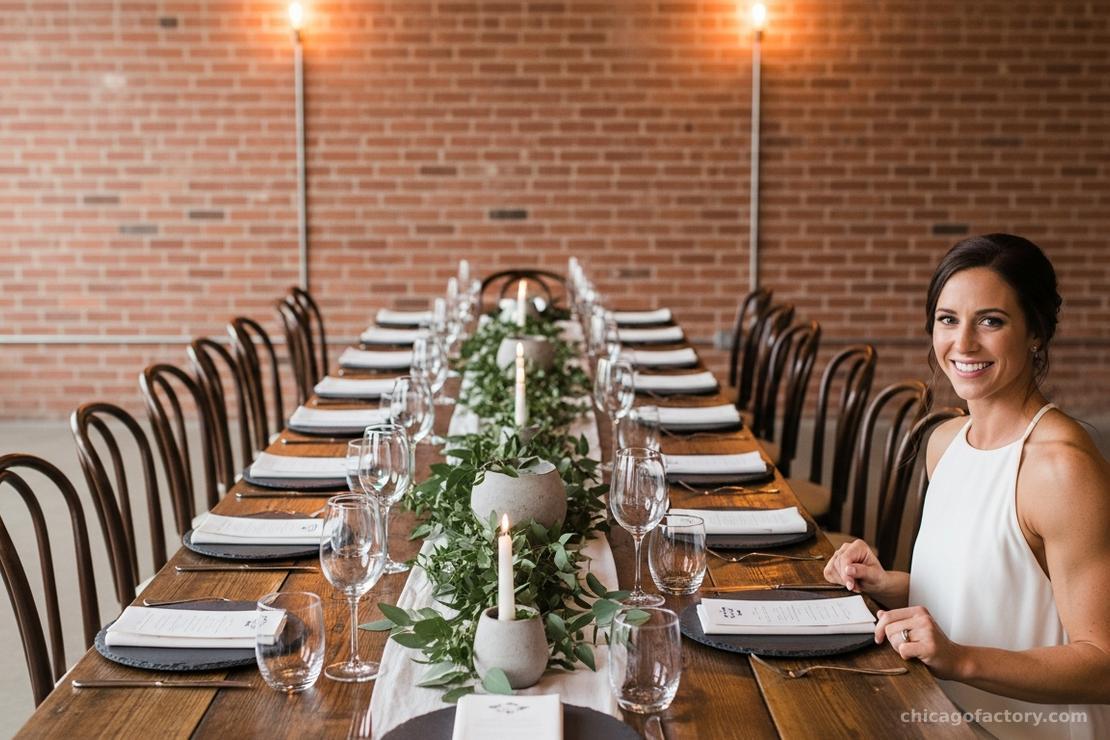 A long reclaimed wood table set for dinner without a tablecloth, showing natural wood grain and minimalist place settings.