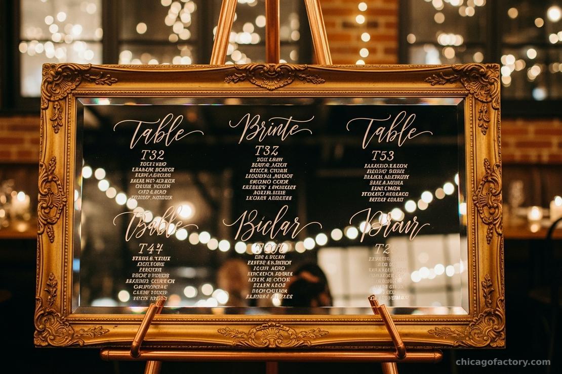 An ornate vintage mirror with calligraphy seating assignments written directly on the glass, displayed on a copper stand.