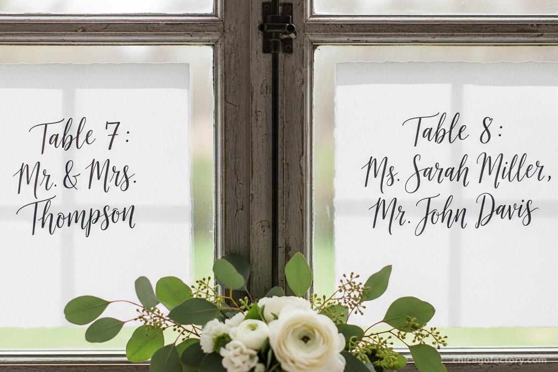 A six-pane vintage window with white calligraphy on each glass section, leaning against a whitewashed brick wall with eucalyptus accents.