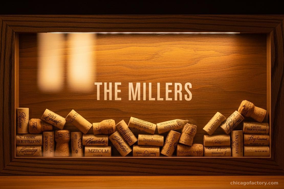 A wooden shadow box frame filled with signed corks, sitting on an industrial table.