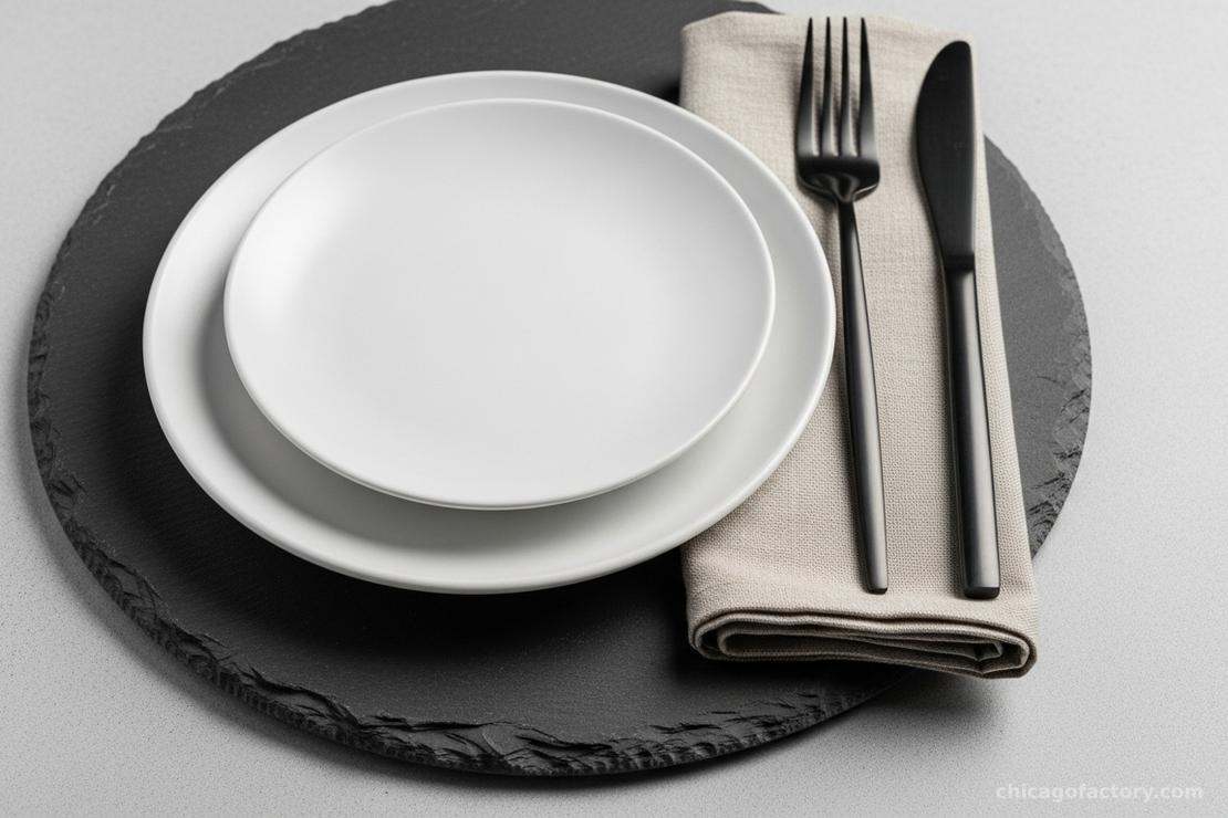 Close-up of a slate charger plate with a white ceramic dinner plate and black flatware, showing the texture of the stone.
