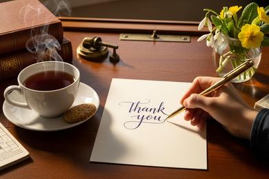 A close-up of a hand writing 'Thank You' in calligraphy on textured cotton paper.