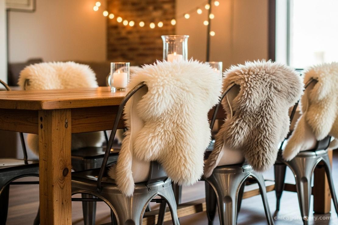 Gunmetal Tolix chairs arranged around a reclaimed wood farm table with greenery runners.