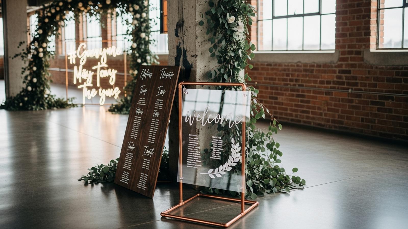 Collection of modern wedding signs in an industrial loft venue featuring acrylic, wood, and neon styles.