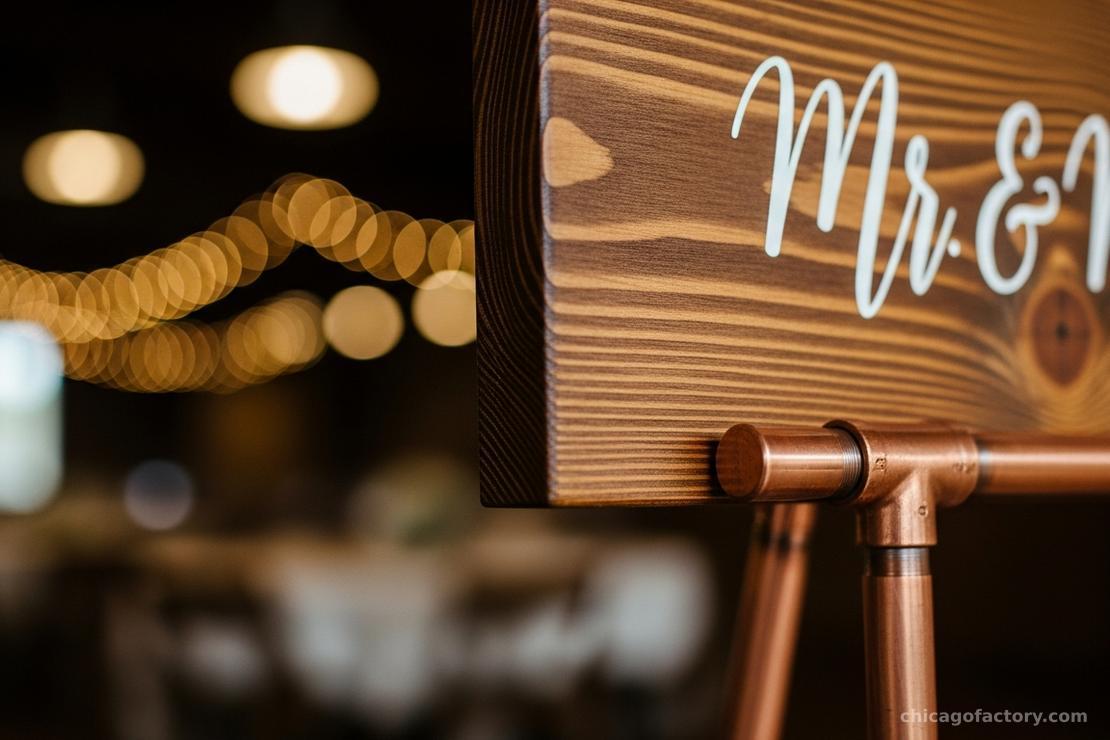 Close up of a wood wedding sign resting on a modern copper stand.