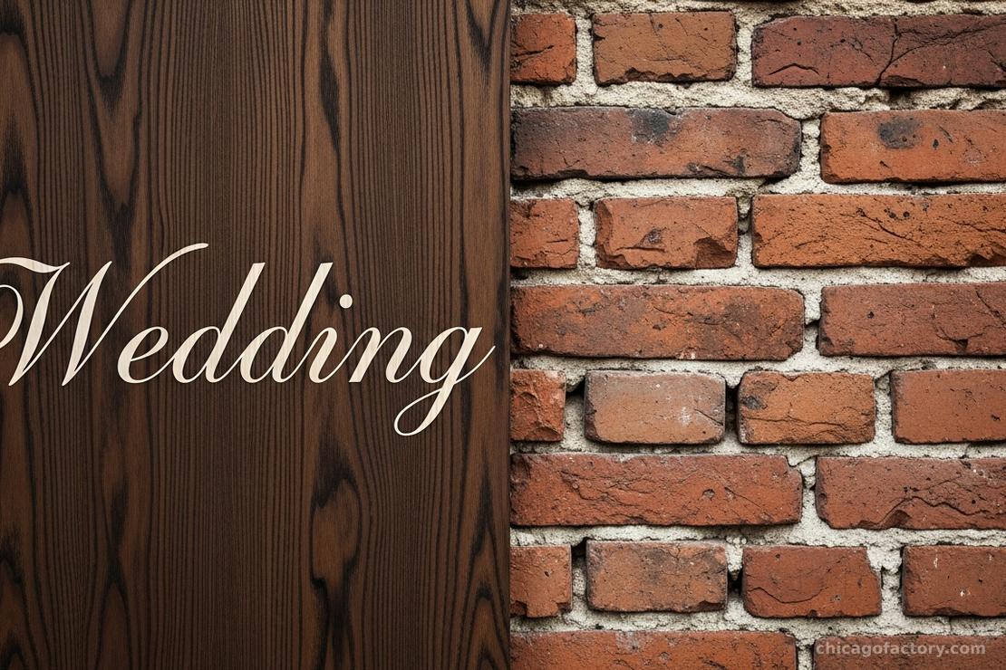 Artistic contrast between smooth dark wood grain and rough red industrial brick.